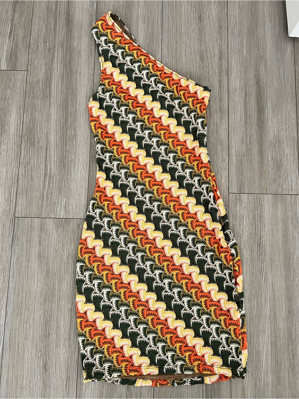 White Fox One-Shoulder Knit Chevron Dress in Olive, Orange & Cream